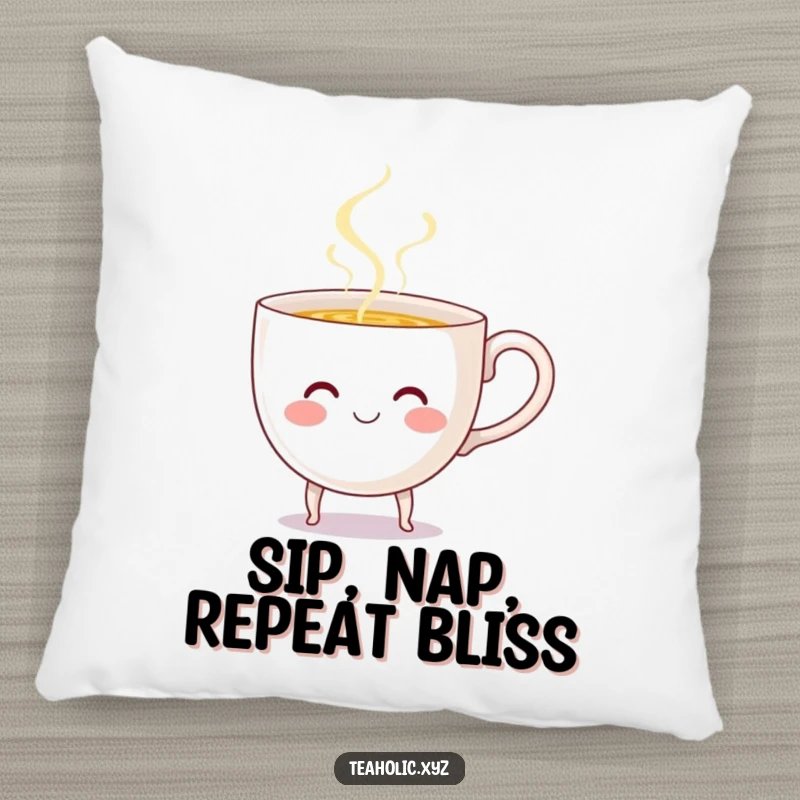 Funny Teacup Pillow: A smiling teacup with tiny legs cheerfully pours steaming liquid, offering a cozy and humorous companion.