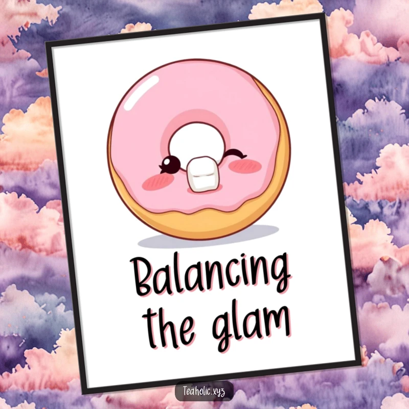 Funny Digital Art Print of a blushing donut winking while balancing a sugar cube, ready to add playful charm.