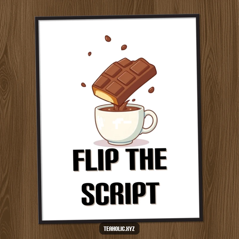 Funny playful chocolate bar doing a somersault over a steaming mug, available as digital art.