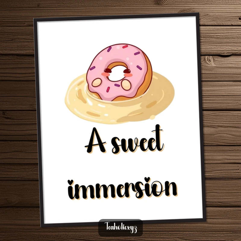 Funny donut digital art print of a happy donut joyfully rolling in a pool of tea, bringing instant whimsical charm and humor.