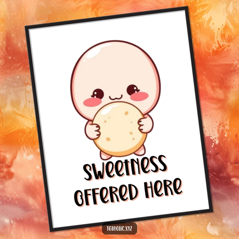 Funny blushing macaron character shyly offering a sugar cookie with both hands, available as a digital art print.