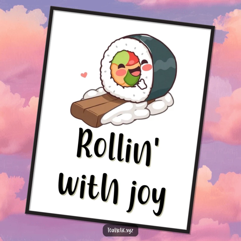 Funny Digital Art Print of a gleeful sushi piece rolling downhill, perfect for instant download and humorous decor.