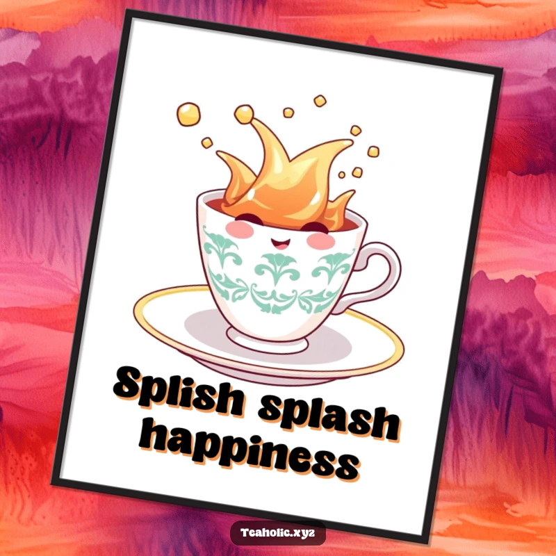 Funny Teacup Digital Art: A cheerful teacup character splashing exuberantly in a tea saucer, capturing a moment of pure, unadulterated fun.