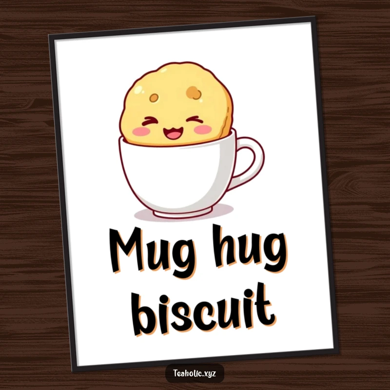Funny digital art print of a winking biscuit with a wide smile floating in a mug, conveying instant joy and mischievous charm.