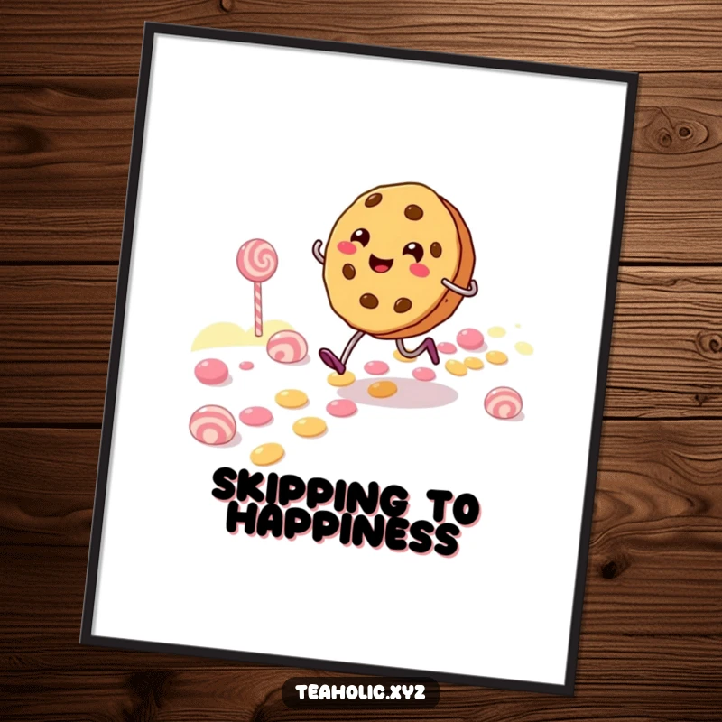 Funny Digital Art Print of a cheerful cookie character skipping along a candy path, ready to add joy and sweetness.