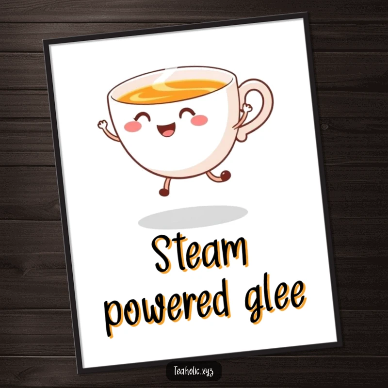 Funny Digital Art Print of a smiling tea cup doing a happy jump with swirling steam, ready to bring cheer.