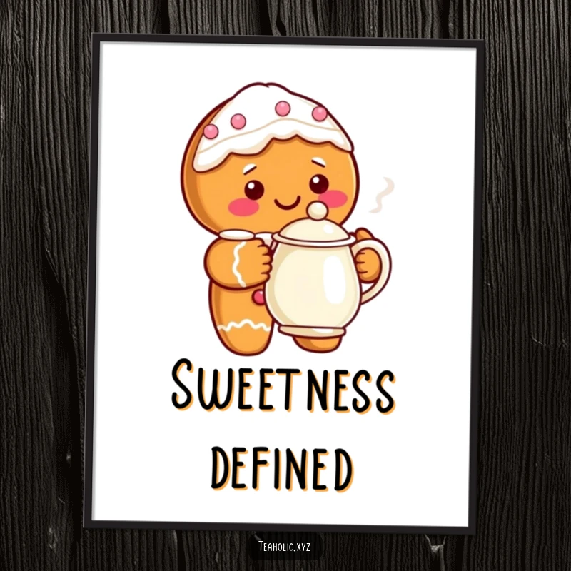 Funny gingerbread character with a steaming teapot, ready to be printed as digital art for festive decoration.