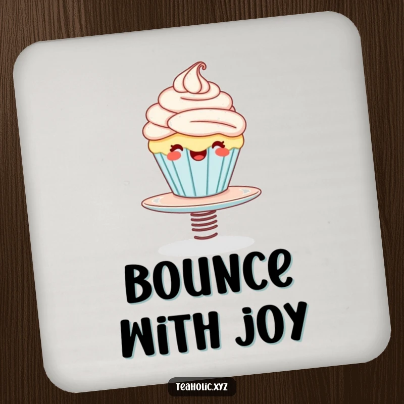 Funny drink coasters featuring a giggling cupcake character bouncing on a springy saucer, adding a cheerful and protective touch to any surface.