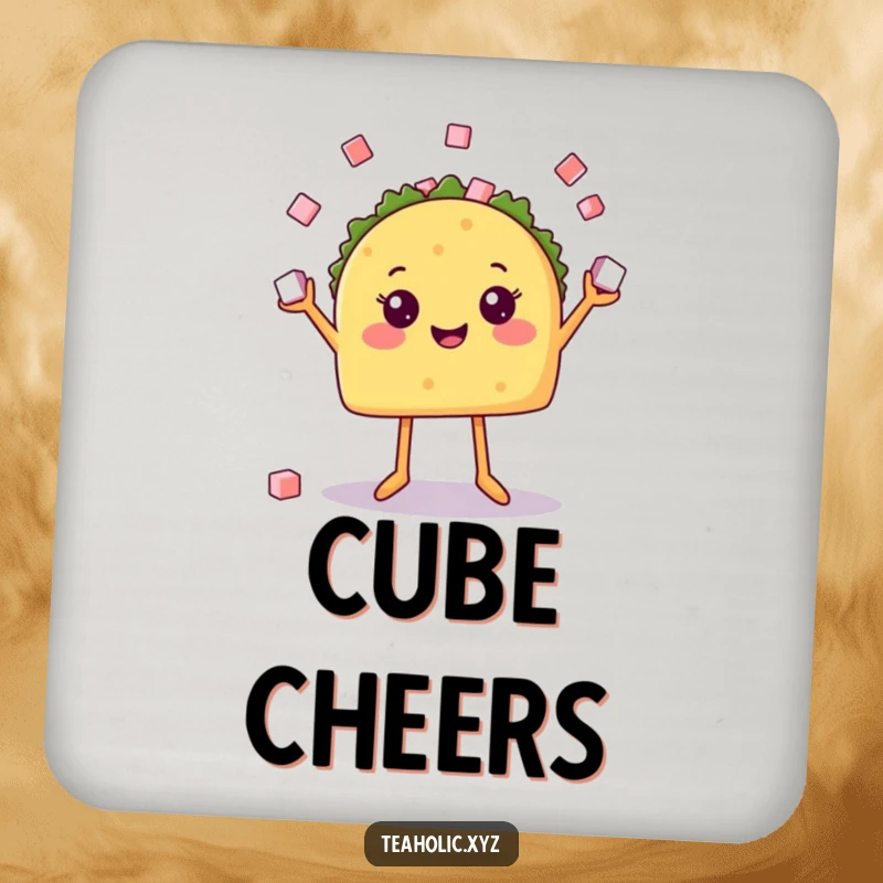 Funny drink coasters featuring a happy taco with legs juggling sugar cubes, adding a festive and protective touch to any surface.