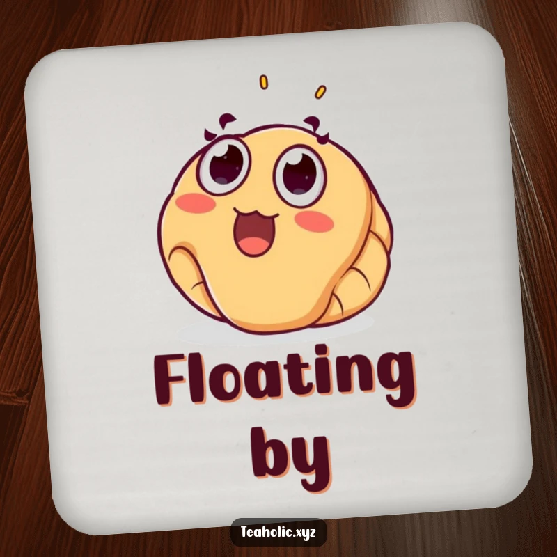 Funny croissant drink coaster showing a surprised pastry floating joyfully upwards, a humorous and protective accessory.