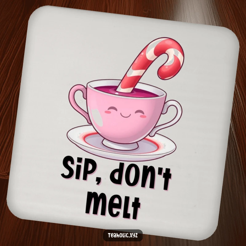 Funny candy cane character smiling while dipping into a swirling teacup, featured on a humorous and protective drink coaster.