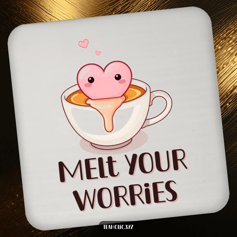Funny candy heart happily melting into a warm cup of tea, featured on a humorous and protective drink coaster.
