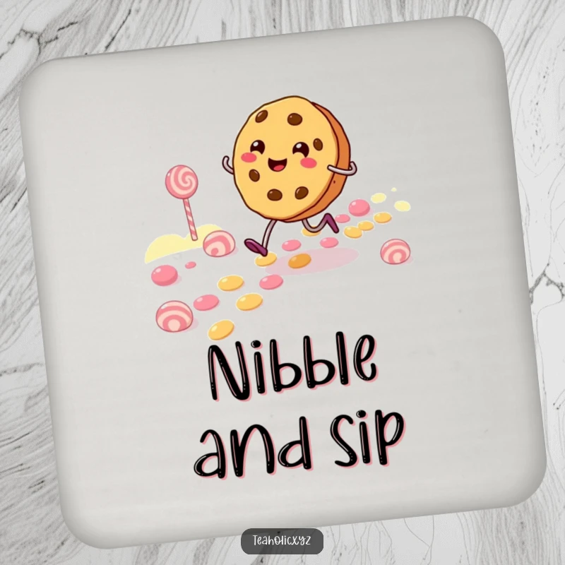 Funny Coasters featuring a cheerful cookie character skipping along a candy path, adding sweetness and surface protection.