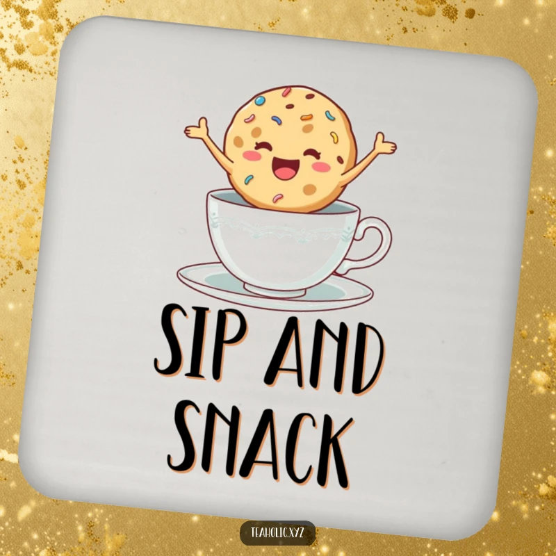 Funny drink coasters with a delighted cookie with sprinkles jumping excitedly in a teacup, protecting surfaces.