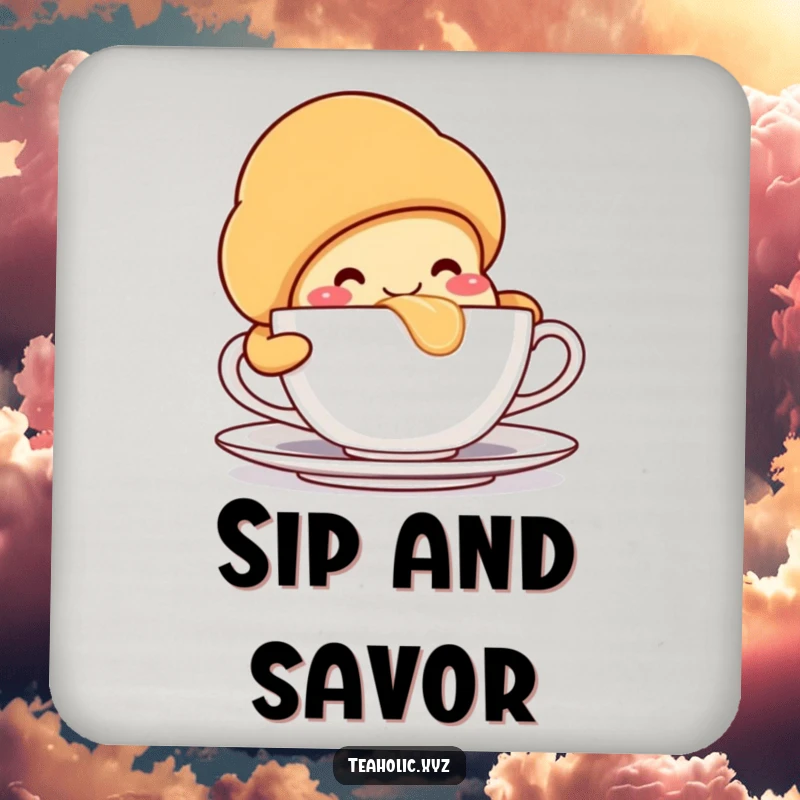 Artistic smiling croissant character, taking a massive sip from a teacup, adding charm to tables.