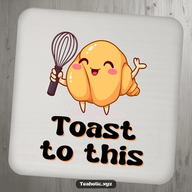 Funny drink coasters featuring a whimsical croissant enthusiastically waving a mini whisk, adding a charming and protective touch to any surface.