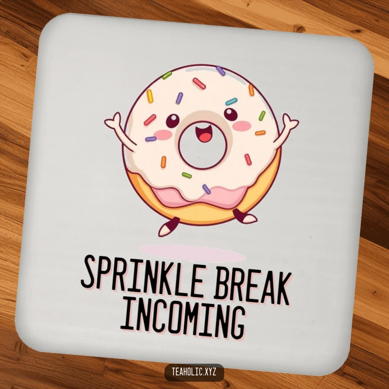 Funny Coaster featuring a happy donut with sprinkles, jumping with joy, protecting surfaces with sweet and humorous flair.