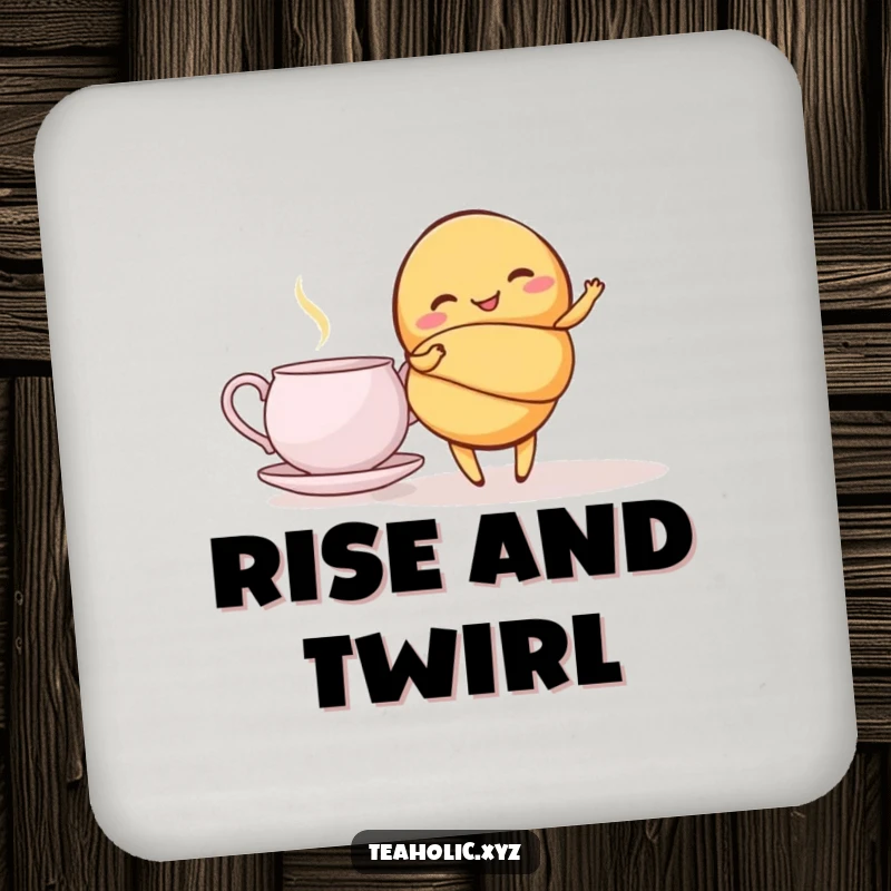 Funny croissant coaster depicting a giggling croissant doing a graceful twirl beside a teapot, a functional and humorous tabletop accessory.