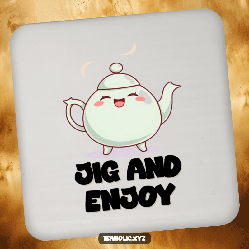 Funny drink coaster featuring a giggling teapot with steam puffs dancing a jig, adding humorous protection to surfaces.