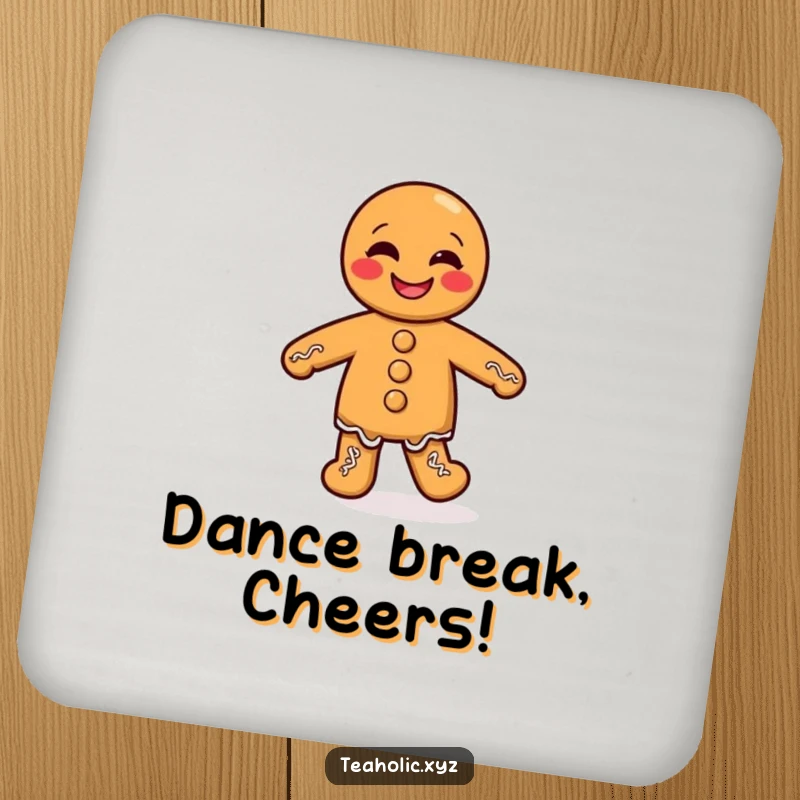 Funny coaster showcasing a giggling gingerbread man with tiny legs doing a silly jig, protecting surfaces with holiday mirth.