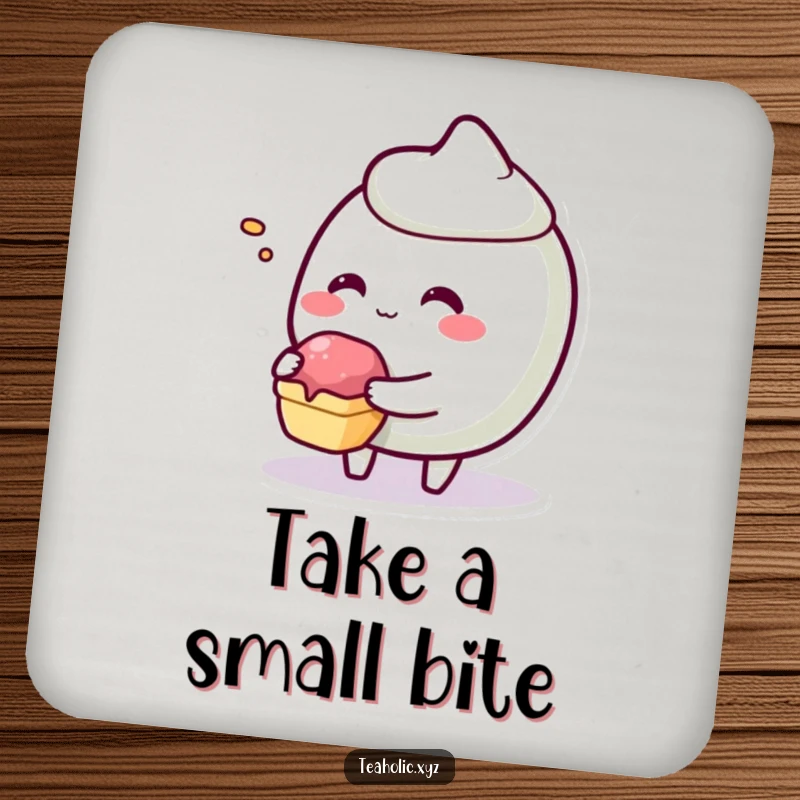 Funny giggling pastry character offering a tiny bite on a protective drink coaster.