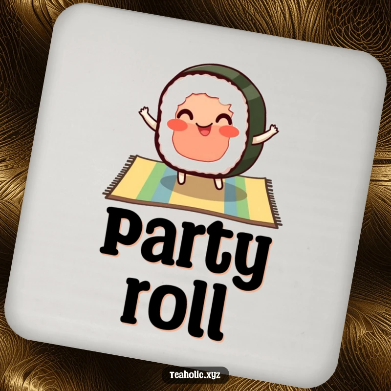 Funny drink coasters with a pleased slice of sushi with rosy cheeks bouncing on a colorful mat, protecting surfaces.