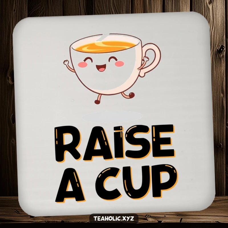 Funny Coasters featuring a smiling tea cup in a happy jump with swirling steam, adding cheer and surface protection.