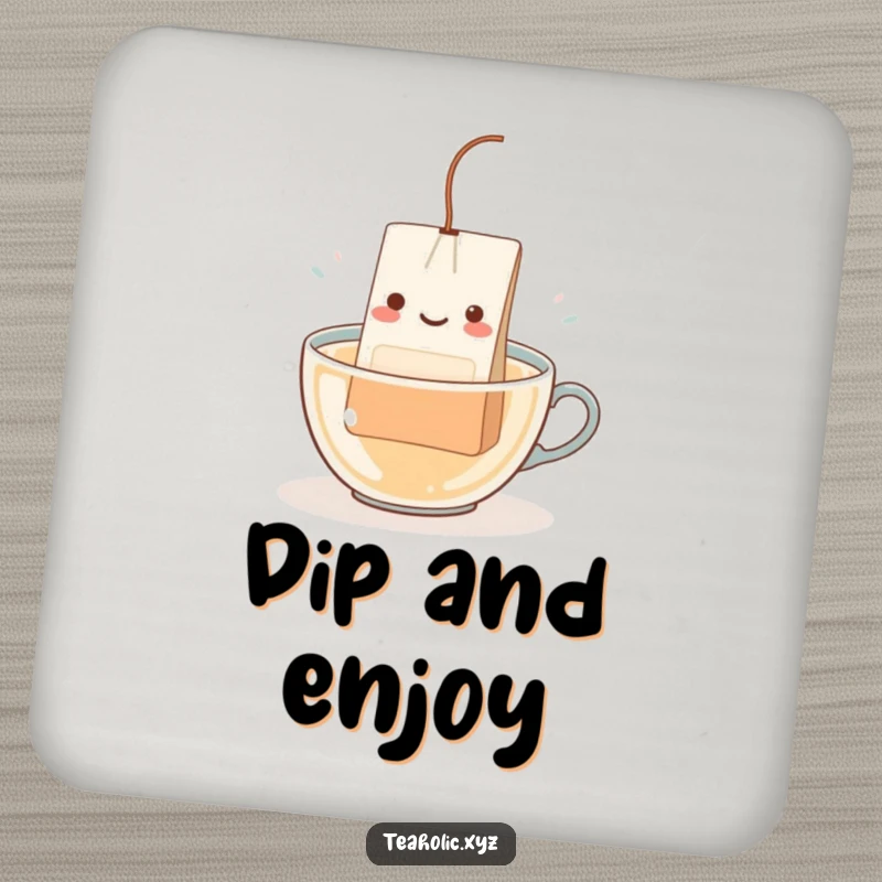Funny Teabag Character Coaster: A happy teabag with a dangling string happily dipping into hot water.