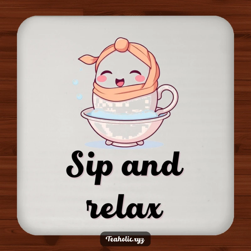 Funny happy teacup character with a handle-scarf winking into a bubbly bath on a charming drink coaster.