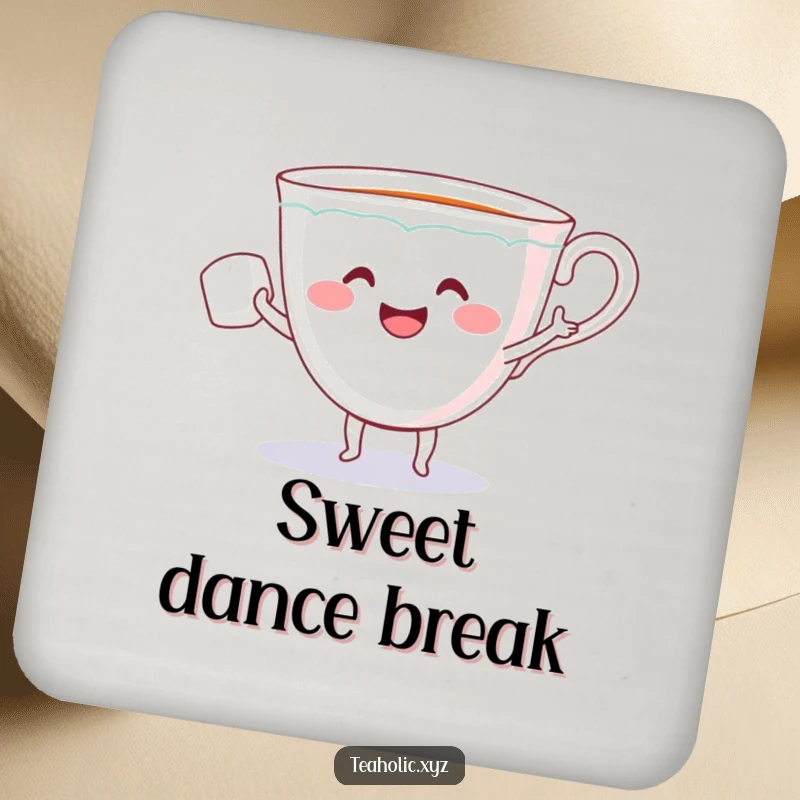 Funny drink coaster featuring a smiling teacup with tiny arms dancing with a sugar cube, protecting surfaces with humor.