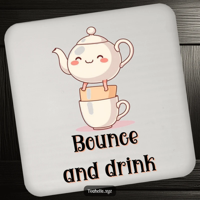 Funny cheerful teapot character with legs, bouncing merrily on a stack of mugs, as a playful drink coaster.