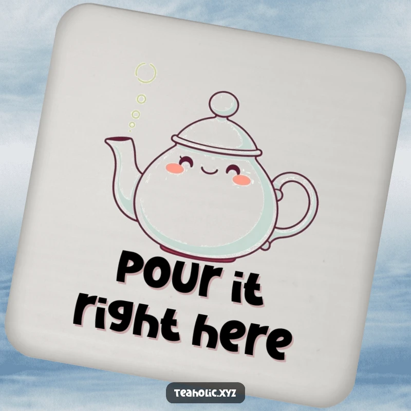 Funny Teapot Character Coaster: A cute teapot wearing a hat, pouring a cheerful puff of steam.