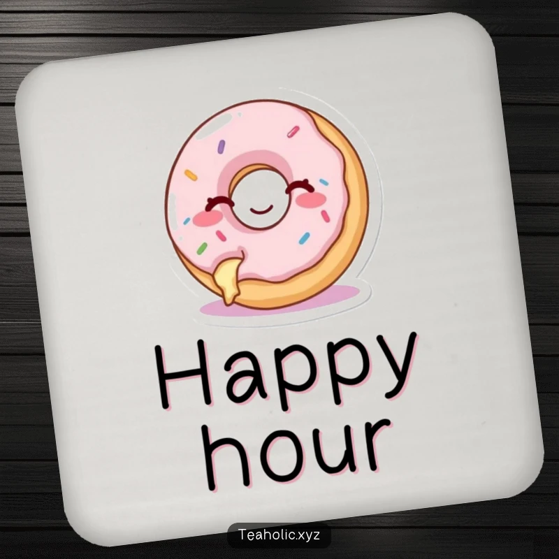 Funny drink coasters with a happy donut with a bite taken out, winking cheekily, protecting surfaces.