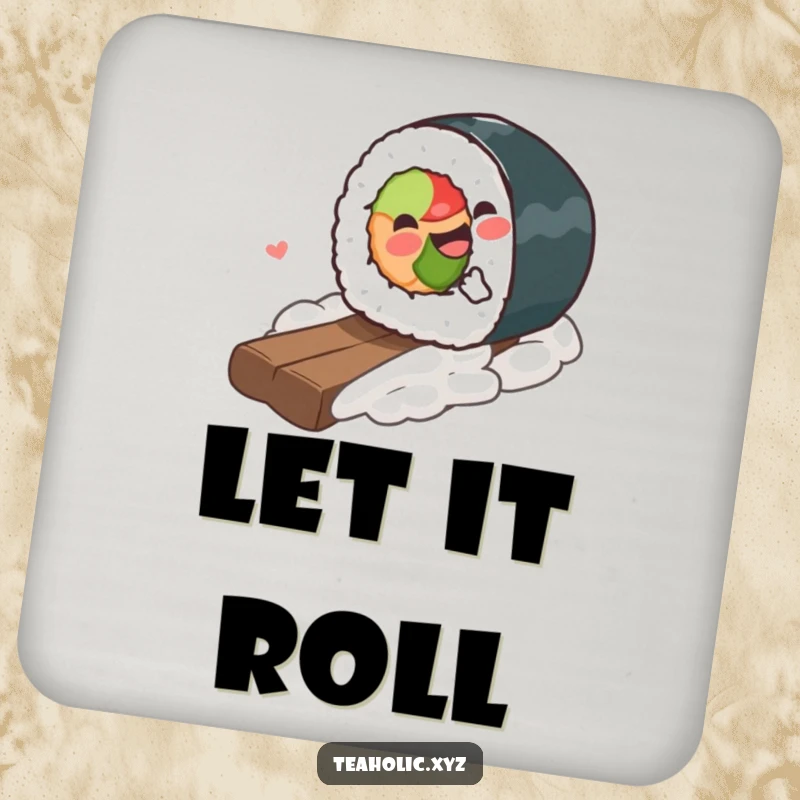 Funny Coaster featuring a gleeful sushi piece rolling downhill, offering stylish protection with a side of humor.