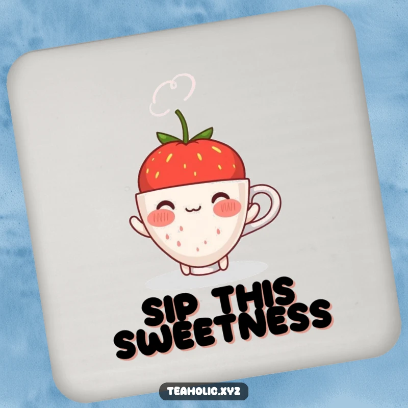Funny blushing strawberry offering a steaming cup with a shy smile, featured on a humorous and protective drink coaster.