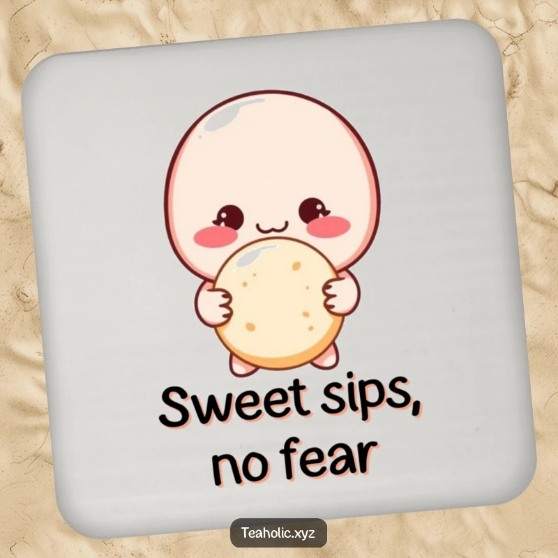 Funny shy macaron character blushing, offering a sugar cookie with both hands, as a charming drink coaster.