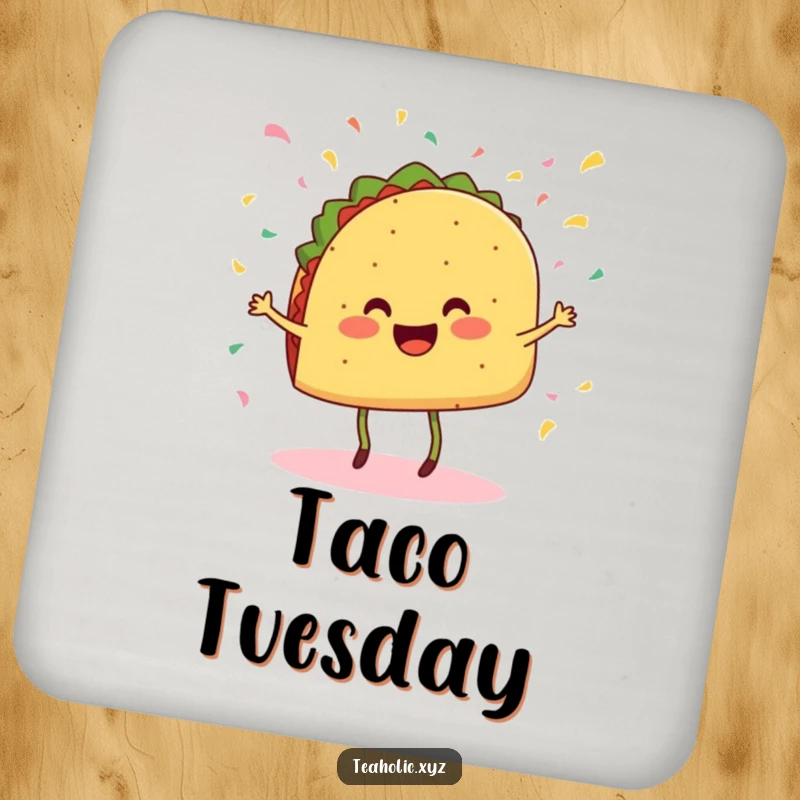 Funny drink coasters with a cheerful taco with legs dancing and confetti falling, protecting surfaces with flair.