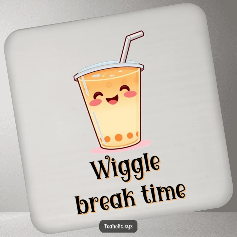 Funny Coaster featuring a smiling tea cup with a straw, performing a happy wiggle, protecting surfaces with humorous charm.