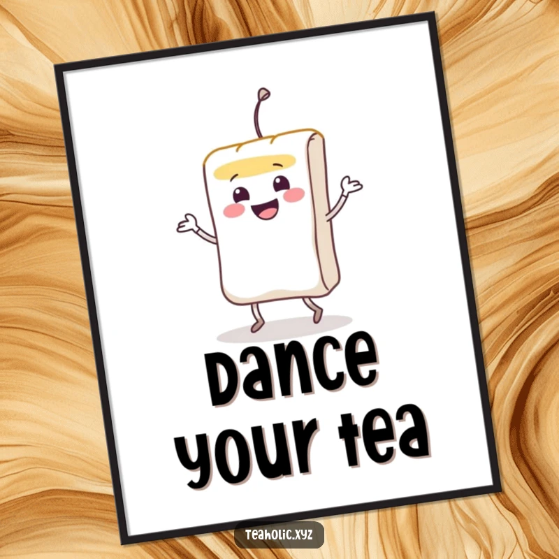 Funny smiling teabag character doing a lively jig on a vibrant and decorative poster.