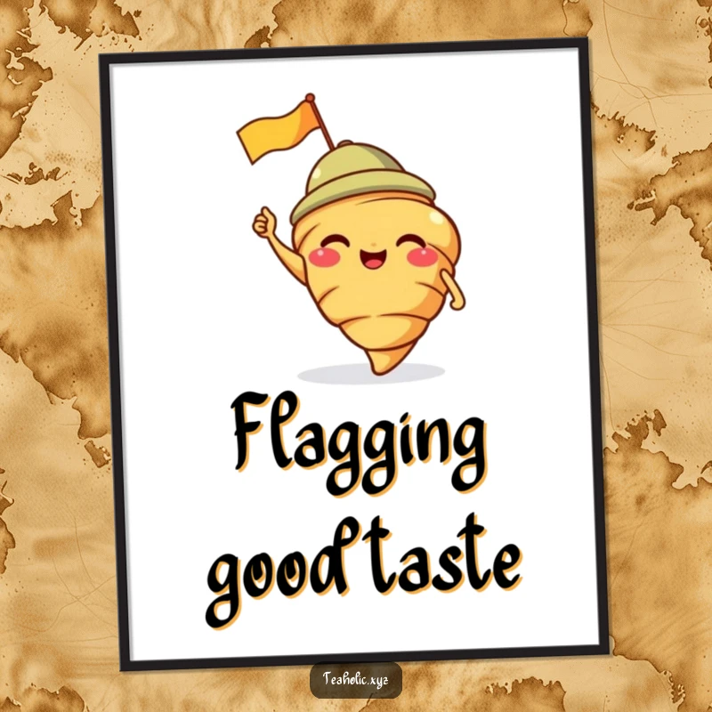 Funny poster featuring a giggling croissant with a jaunty cap waving a flag, adding playful ambiance.