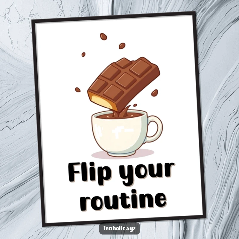 Funny playful chocolate bar doing a somersault over a steaming mug, framed as art.