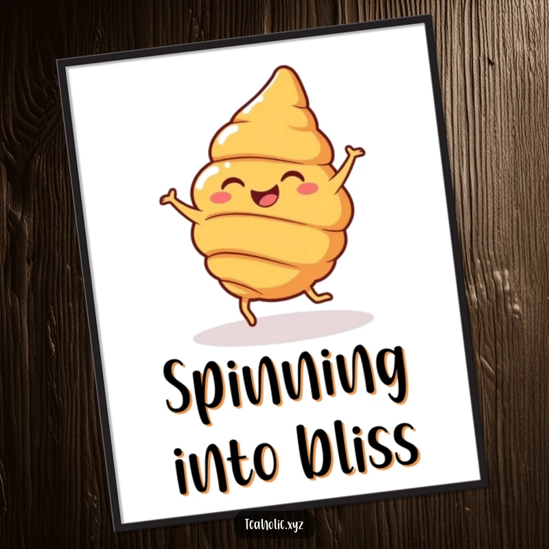 Funny Poster featuring a cheerful croissant with legs, captured mid-spin, bringing delightful, buttery charm and humor.