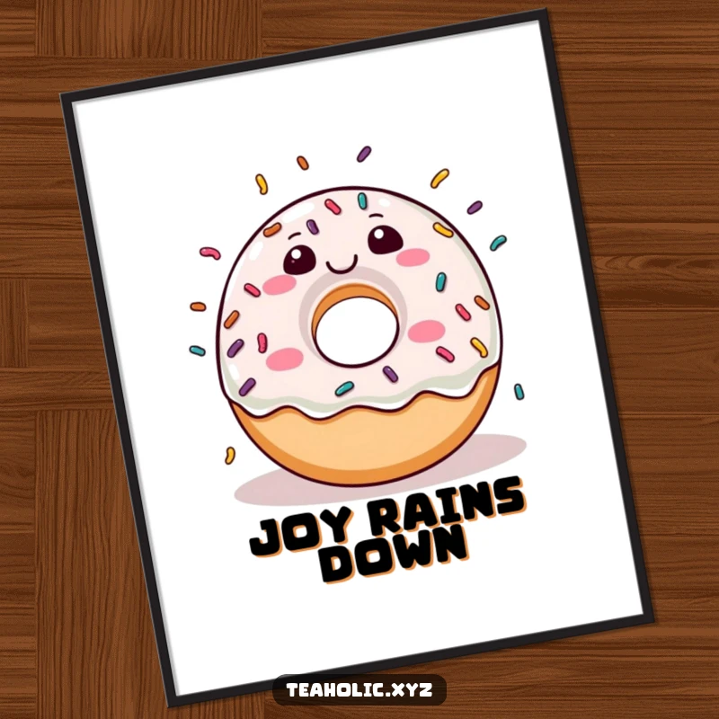 Funny donut character joyfully raining sprinkles down on a vibrant, decorative poster.