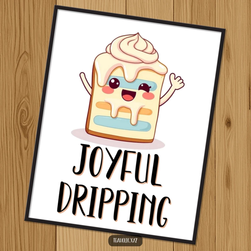 Funny happy slice of cake with dripping frosting, waving enthusiastically, presented as wall art.