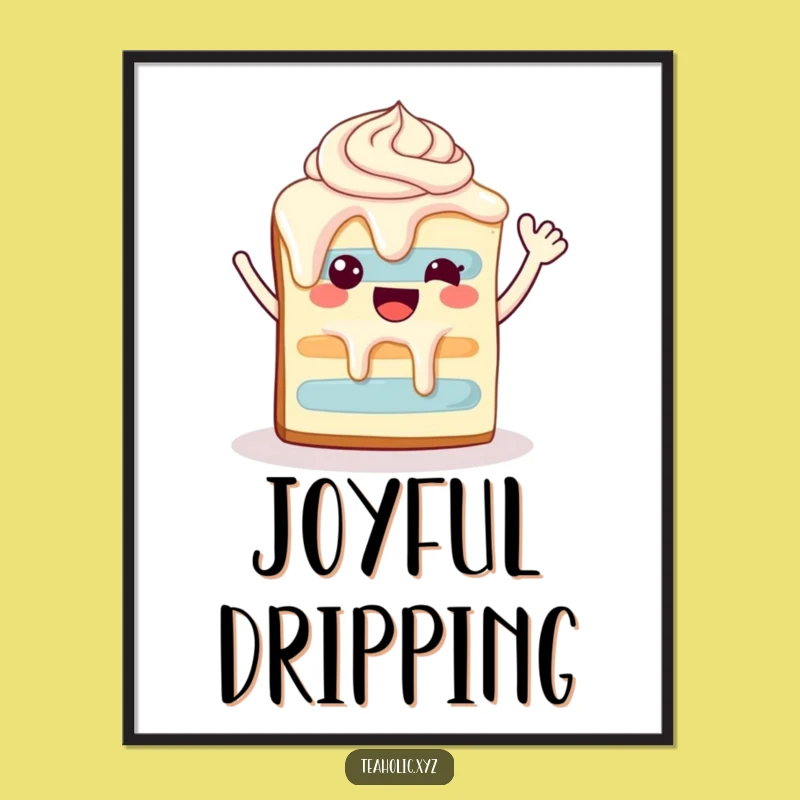 Funny Happy Cake Slice Art Print - Waving Dessert Decor Gift