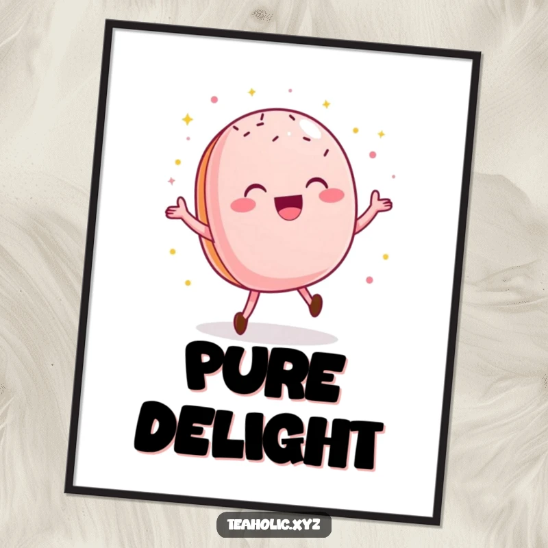 Funny macaroon poster featuring a delighted pastry doing a happy dance with sprinkles, delightful wall art.