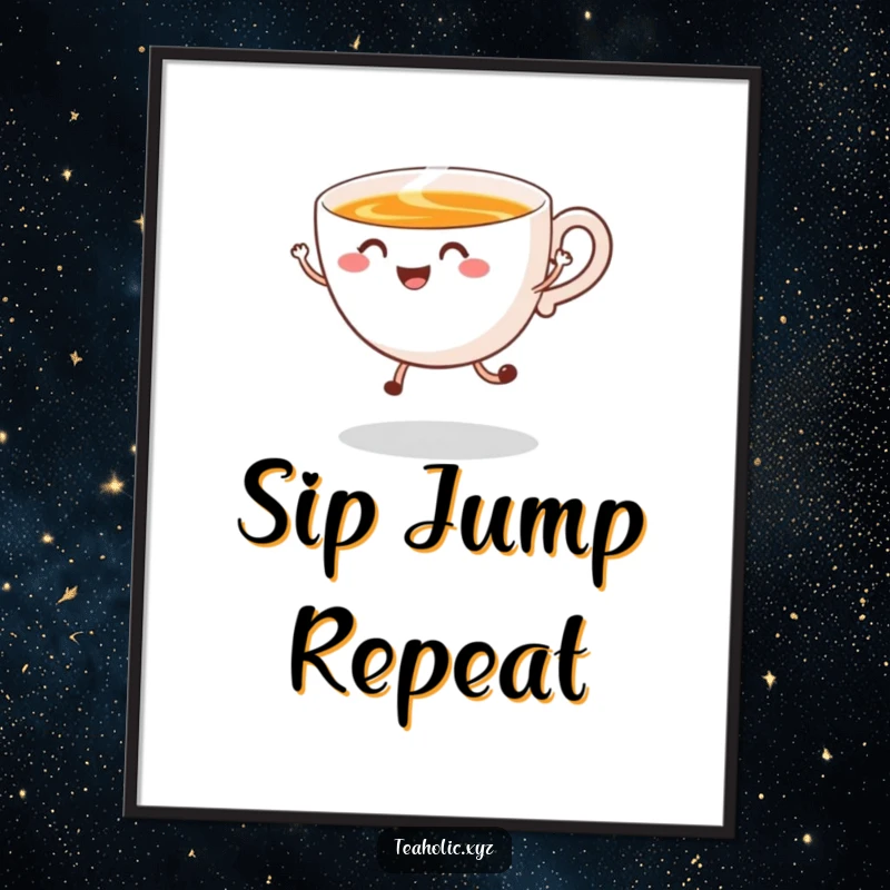 Funny Poster of a smiling tea cup doing a happy jump with swirling steam, radiating cheer and coziness for wall decor.