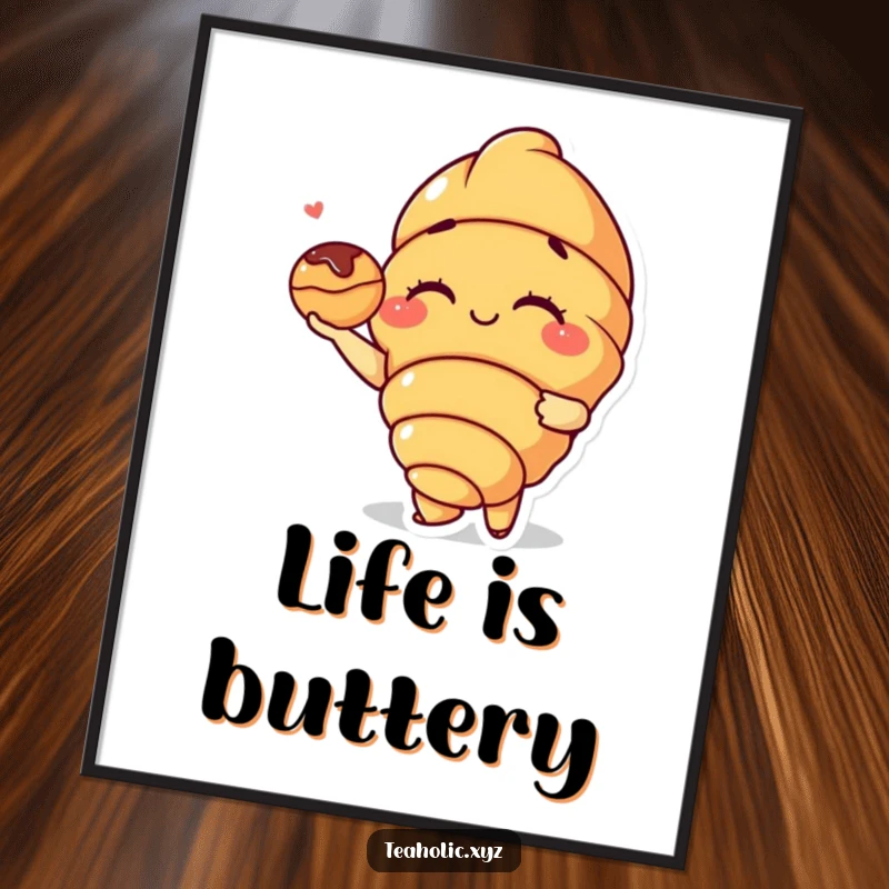 Funny Croissant Poster: A delightful croissant character winks playfully while presenting a tiny pastry, adding a touch of baked charm to any space.