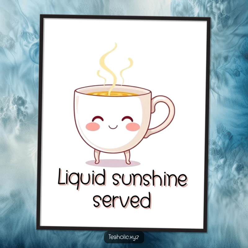 Funny Teacup Poster: A smiling teacup with tiny legs cheerfully pours steaming liquid, bringing a touch of whimsical fun to any room.