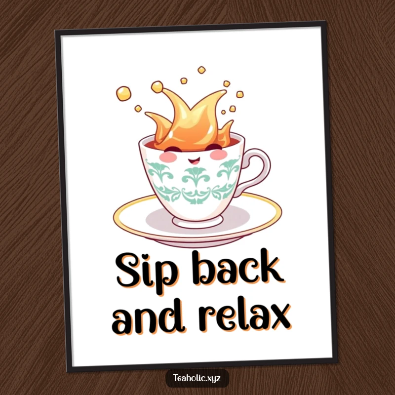 Funny Teacup Poster: A cheerful teacup character captured mid-splash in a tea saucer, radiating pure fun and delightful energy on your wall.
